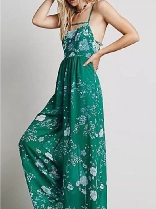 Free People Pants - Free People Green Floral Maxi Dress with Spaghetti Straps